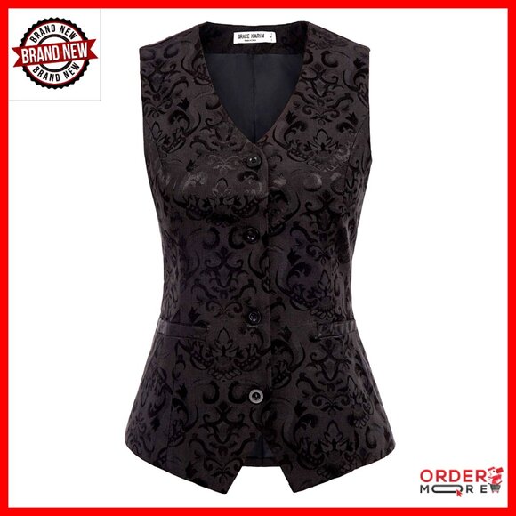 Women's Jacquard Vest with Pockets V-Neck Button Up Steampunk Style